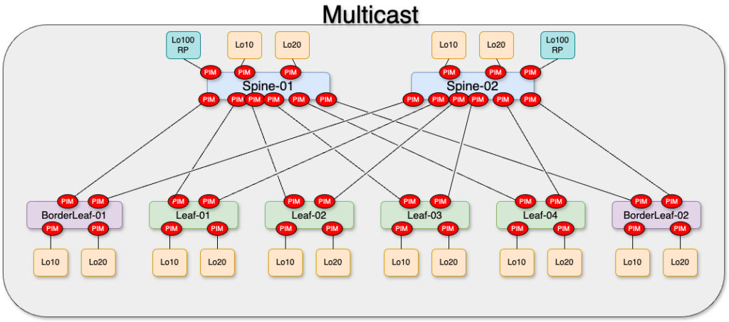 image of a network with multicast configured on interfaces and RP's on spine switches